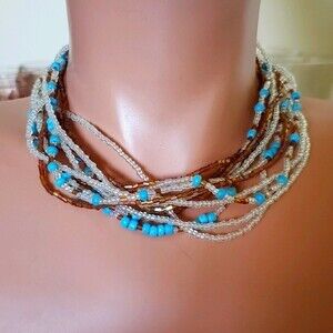 Y2K 2000s Multicolored Festival Blue Brown Bead Multi Strand Choker Necklace